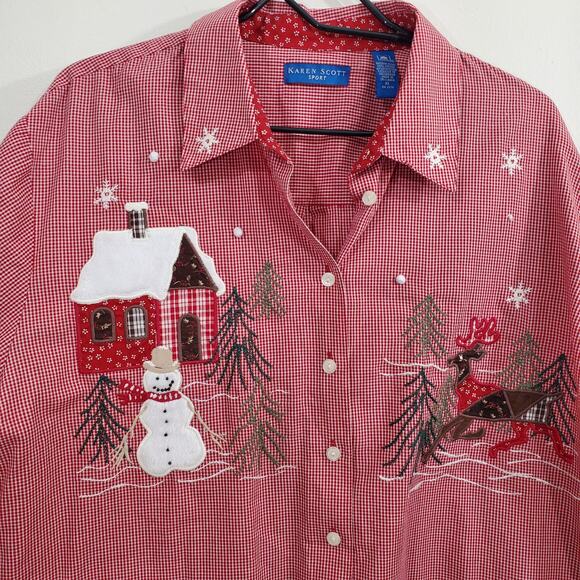Karen Scott Women's Sport Button Up Christmas Long Sleeve Red White Size XL - Picture 2 of 12